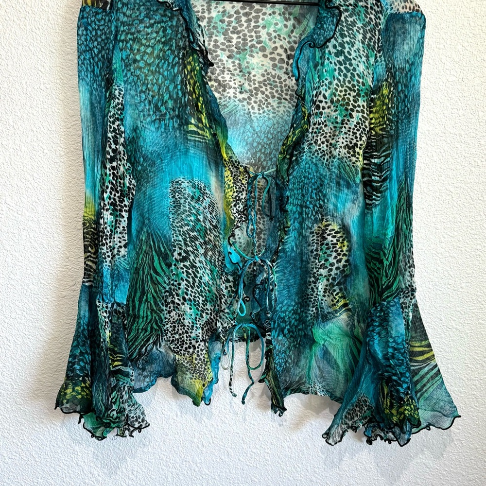 Joseph Ribkoff Women's Size 14 Front Tie Cardigan Sheer Animal Print Y2K Fairy - Picture 13 of 13